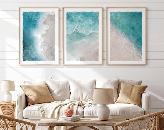 Ocean View Sign Triptych, Turquoise Aerial Shoreline Set of Three, Coastal Decor