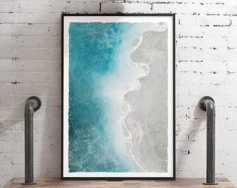 Watercolor Beach Wave, No. 119, Serene Coastal Wall Art, Peaceful Beach House Decor, Turquoise Blue Water, White Sand Beach, Wavy Shoreline