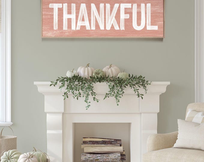 THANKFUL Sign in Coral Pink, faux weathered wood, seasonal wall art, thanksgiving wall print, vintage farmhouse, long horizontal wall art