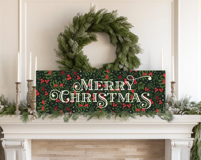 Modern MERRY CHRISTMAS Canvas Sign, Bold Lettering on A Holly Pattern Background, Trendy and Chic Holiday Decor, Nostalgic Winter Design