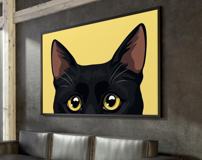 Horizontal Wall Art, Black Shorthair Cat Print, Bright Butter Yellow Feline Decor