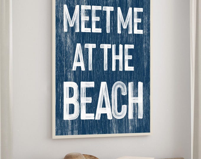 Navy Beach Art, Meet Me at the Beach Sign, Vintage Coastal Nautical Wall Decor