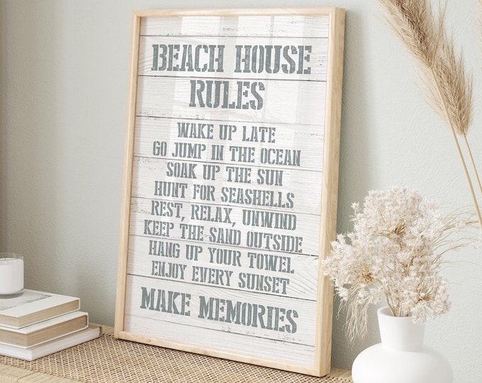 Coastal BEACH HOUSE RULES sign, Graphite Gray Stencil Lettering, White Faux Wood Planks, Classic Nautical Style for Neutral Seaside Cottage