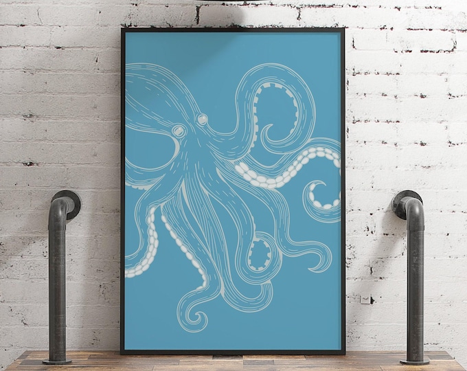 Octopus Wall Art: Vintage Coastal Design - Wood Frame Options