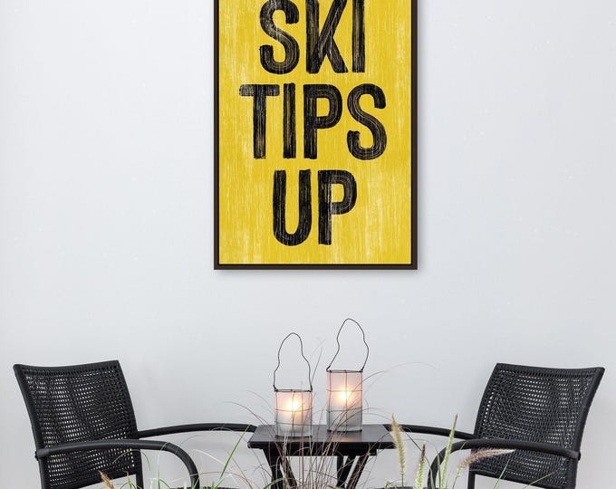 Black and Yellow Ski Sign, SKI TIPS UP on Chrome Yellow Weathered Plank, Camp Cabin Art