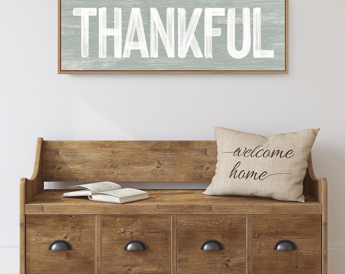 THANKFUL Sign in Sage Green, faux weathered wood, seasonal wall art, thanksgiving wall print, long horizontal wall art, farmhouse decor