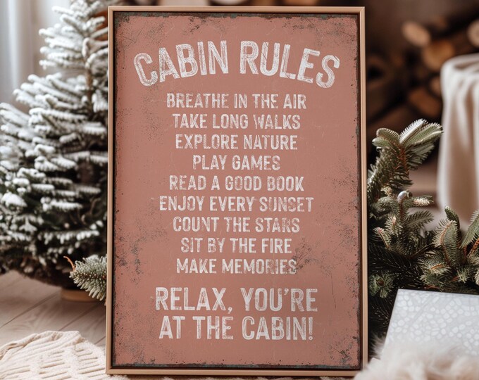 Retro Cabin Rules Wall Art – Coral Lodge Sign for Ski Chalet, Winter Rental or Guest Room