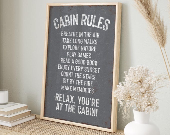 Vintage Cabin Rules Sign, Slate Gray Ski Decor, Retro Cabin Art, Vacation Wall Hanging, Ski Gift For Her, Rustic Lodge Charm