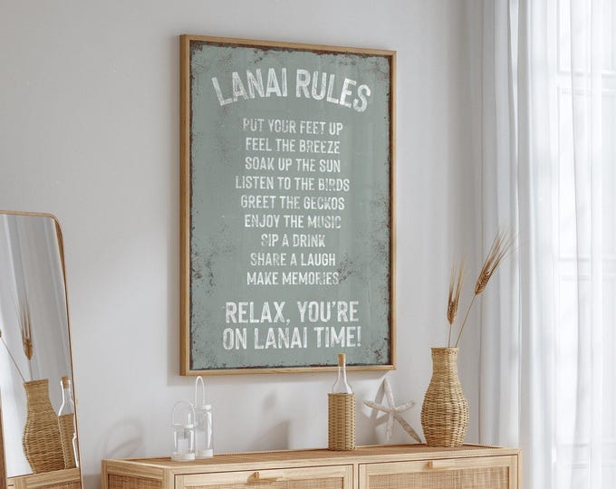 Lanai Rules Sign, Sage Green Distressed Wall Art, Vacation Home Host Gift