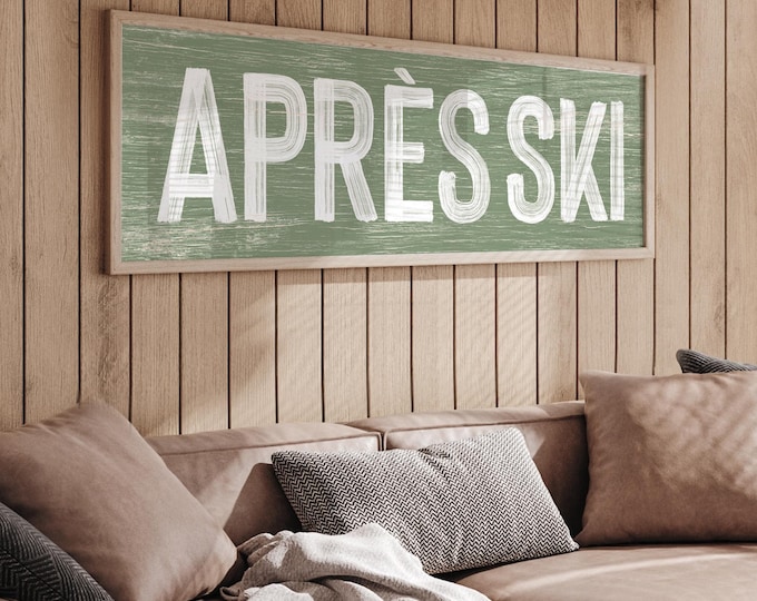 Winter Wall Art, Ski Lodge Decor, Vintage Style Sign, Faux Weathered Wood Plaque, Apres Ski Cabin Decoration, Horizontal Wall Print