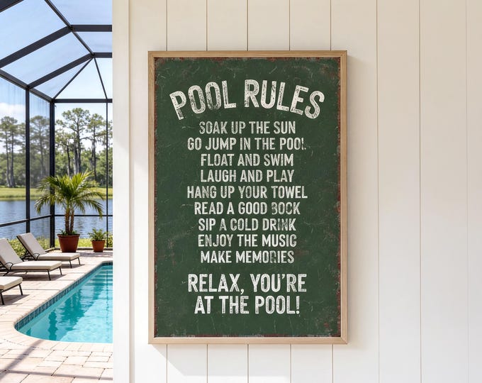 Pool Rules Soak Up The Sun, Cream Lettering On Vine Green, Framed Wall Art Gift