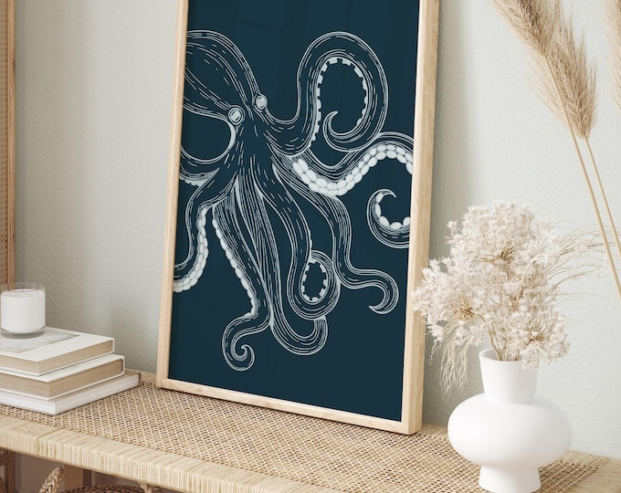 Octopus Wall Art: Retro Ocean Decor (Canvas or Paper Prints)