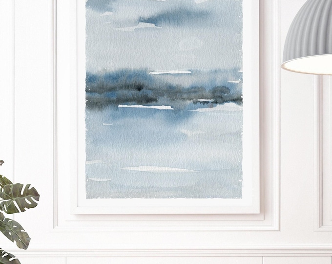 Coastal Waves Watercolor Print, Dusty Blue and Slate Horizon, Beach House Bar Cart Wall Art
