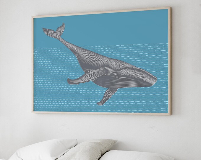 Abstract Ocean Art Whale Print, Blue Gray Coastal Landscape Canvas, Beach House Wall Decor