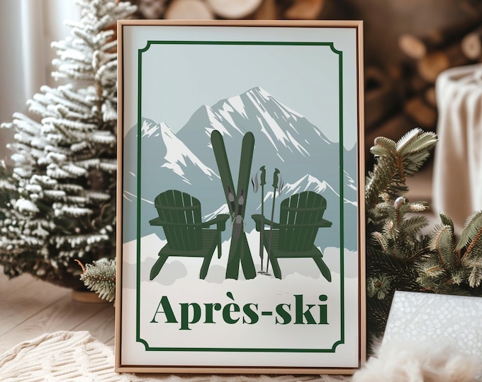 Snow Capped Art, Apres-ski Adirondack Chairs Poster in Dark Green on Pale Sage, Ski Print