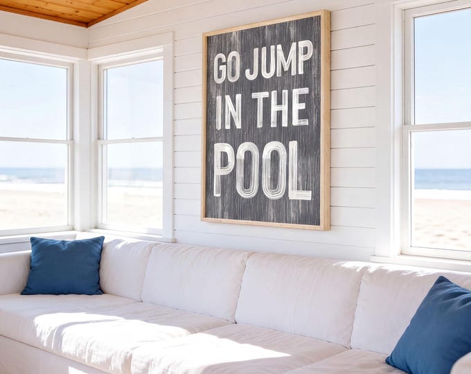 Go Jump In The Pool Sign, Hale Navy Faux Wood Vintage Pool Wall Art