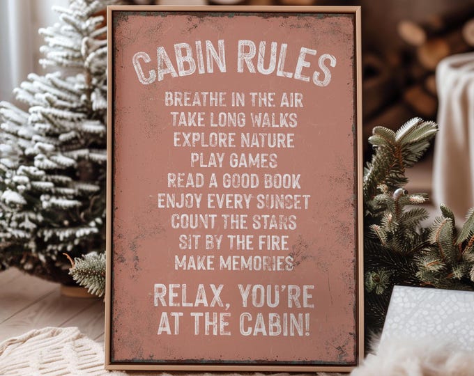 Cabin Rules Sign, Dusty Coral Lodge Wall Art for Ski Chalet Decor