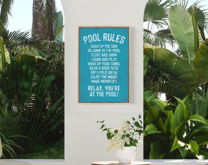 Retro Pool Rules Sign in Duck Blue, Vintage Style Wall Decor for Poolside, Canvas Paper or Aluminum Options Available, Bright Pool Decor