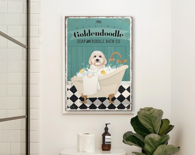 Goldendoodle Bubble Bath Bathroom Wall Art – Vintage Dog Decor