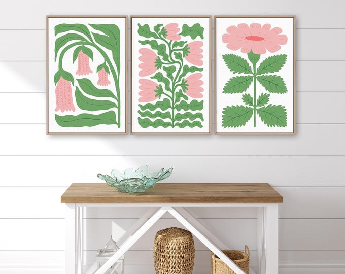 Boho Plant Blocks Triptych Wall Art, Spring Pink Flower, Tropical Block Set, Botanical Decor, Canvas Panels, Modern Farmhouse Style
