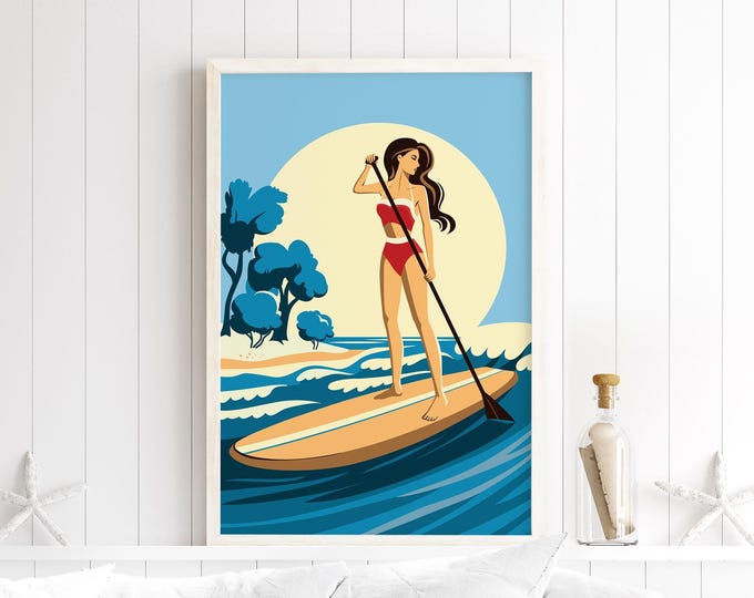 Paddleboard Wall Art, Coastal Water Print, Woman Paddleboarding