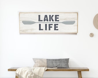 Lake Life Signs, Painted Lettering, Distressed Texture, Faux Weathered Wood Canvas, Cozy Charm Decor, Framed Rustic Wall Art for Lake House