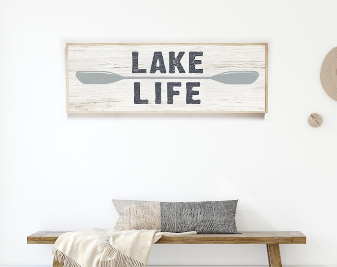 Lake Life Signs, Painted Lettering, Distressed Texture, Faux Weathered Wood Canvas, Cozy Charm Decor, Framed Rustic Wall Art for Lake House