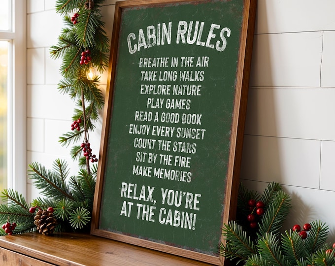 Retro Ski Cabin Rules Sign – Dark Green Wall Art for Lodge, Chalet or Winter Rental