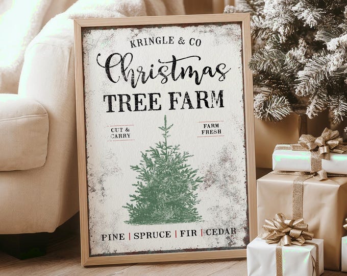 Kringle and Co. Christmas Tree Farm Green Fir Art on Distressed Cream White