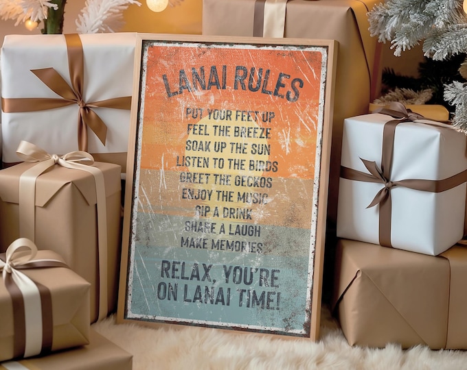 Lanai Rules Sign: Vintage Sunset Print (Gift for Mom or Hostess)