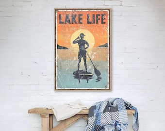 Paddleboard Sunset Art: Vintage Lake Life Decor (Canvas or Aluminum)