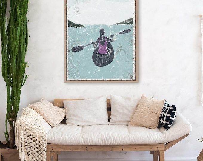 Vintage Lake Life Kayak Sign - Female Paddler, Purple Accent