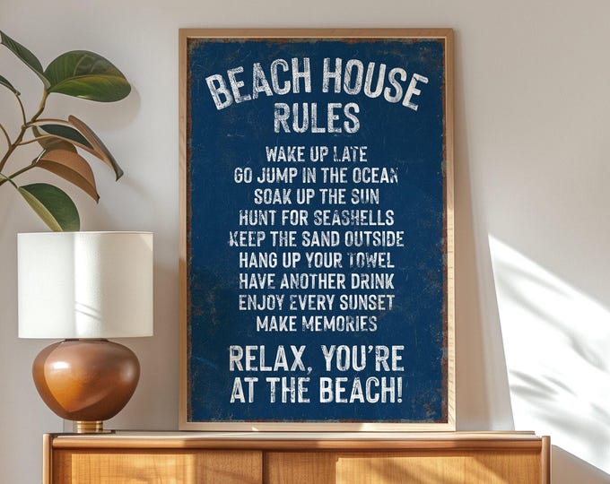 retro BEACH HOUSE RULES sign in navy blue sign, rustic beach house decor, distressed beach house gift, summer rental decor