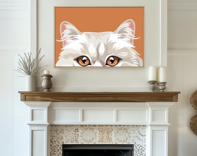 Peekaboo Cat Canvas, Pop Art Cat Poster, Colorful Print, Horizontal Wall Art, Feline Gift Idea, Large Framed Design, White Persian Cat Art