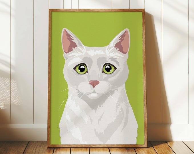Cat Gift for Dad, White Shorthair on Lime Green, Pop Art Feline Wall Decor, Pet Print
