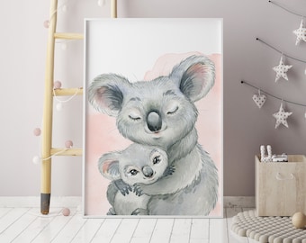 Zoo Animal Nursery Wall Art, Mommy and Baby Koala Hugging, Mommy and Me Watercolor, Gift for Jungle Nursery Decor, Cute Kids Room Decoration