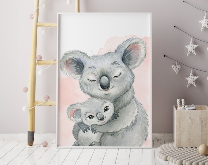 Zoo Animal Nursery Wall Art, Mommy and Baby Koala Hugging, Mommy and Me Watercolor, Gift for Jungle Nursery Decor, Cute Kids Room Decoration