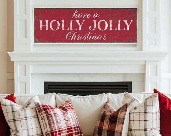 Holly Jolly Canvas, Christmas Carol Lyric Sign in Cream White on Crimson Red