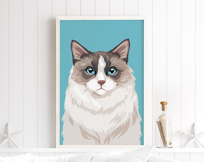 Cat Gift for Dad, Seal Point Ragdoll Portrait Print, Soft Blue Animal Wall Art