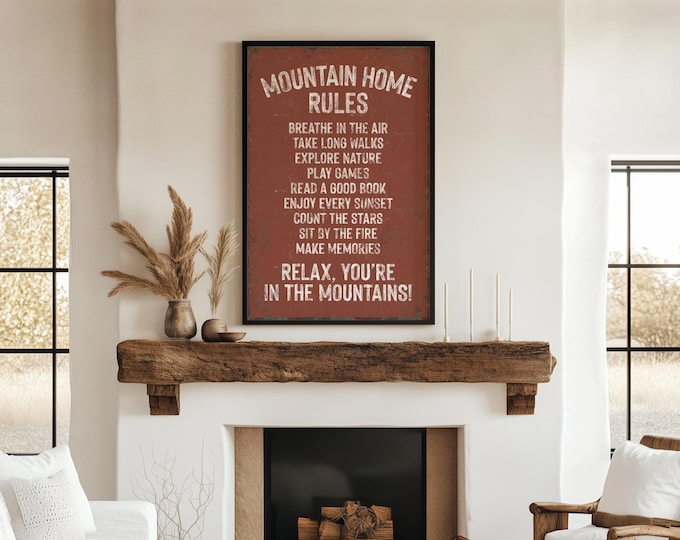 Mountain House Rules Sign: Cozy Ski Lodge Decor - Rustic Wood Style, Clay Brown