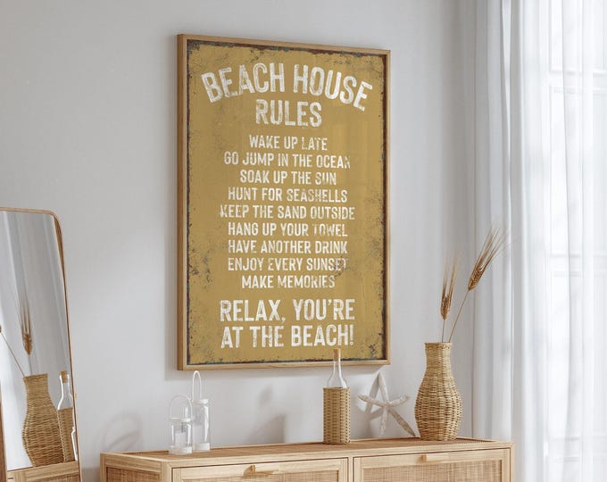 Vintage Beach House Rules Print, Butternut Yellow Coastal Art, Farmhouse Decor, Distressed Housewarming Gift