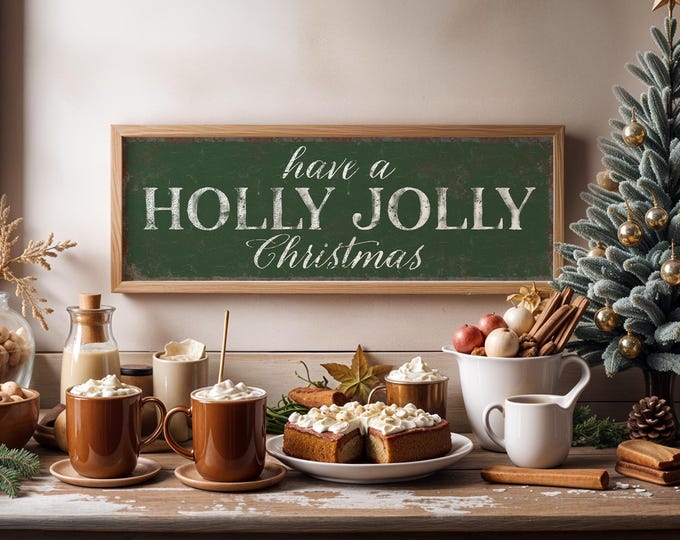 Olive green holiday decor, have a holly jolly script sign in cream lettering