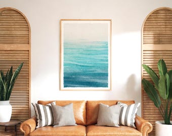 Vacation Decor Canvas, Teal to Navy Ombre Ocean Watercolor, Abstract Coastal Print