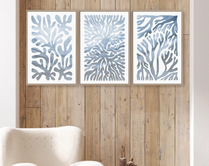 Dusty blue coral art triptych, cut paper reef shapes on white, set of three framed panels for a beach room