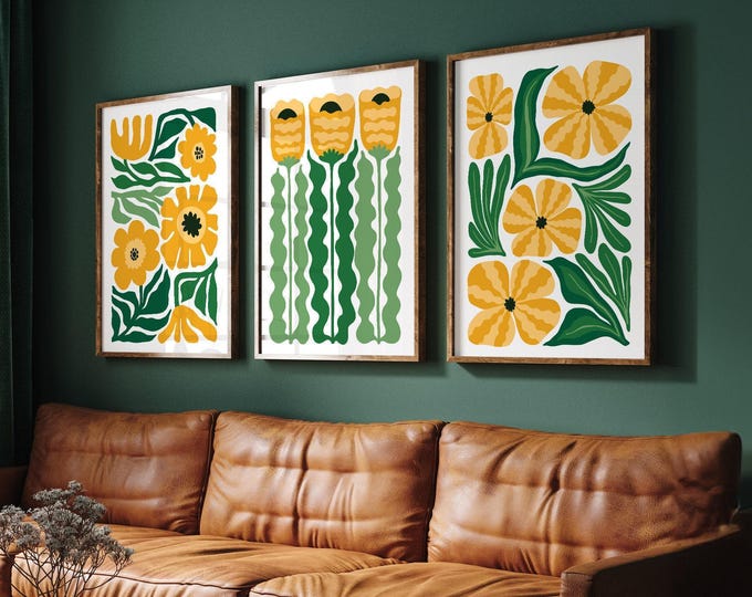 Yellow Floral Triptych Wall Art, Rustic Organic Botanical Canvas Set, Warm Decor
