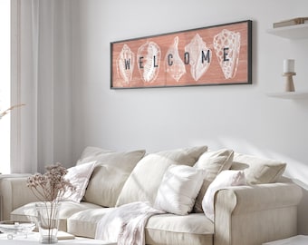 Coral Pink Welcome Sign with White Seashells Design, Realistic Vintage Driftwood Texture, Framed Canvas or Waterproof Aluminum for Outdoors