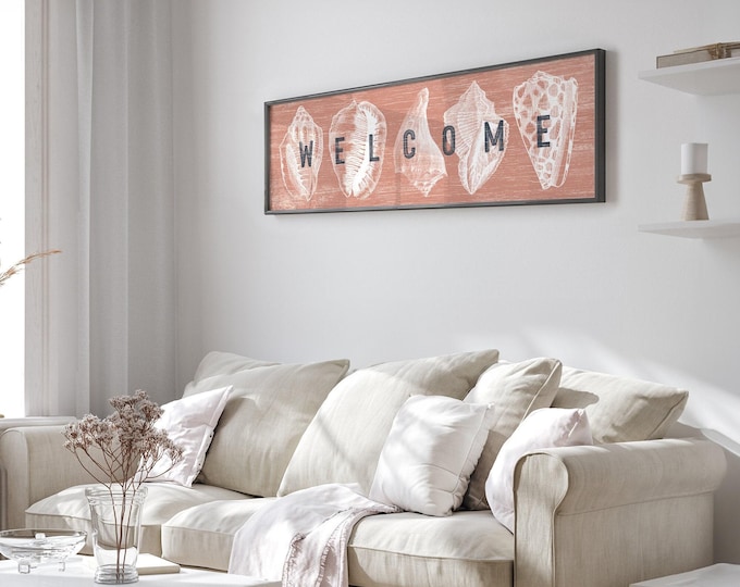 Coral Pink Welcome Sign with White Seashells Design, Realistic Vintage Driftwood Texture, Framed Canvas or Waterproof Aluminum for Outdoors