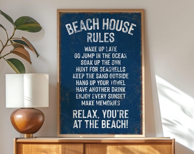 Navy Beach Decor, Distressed Coastal House Rules Sign for Rentals