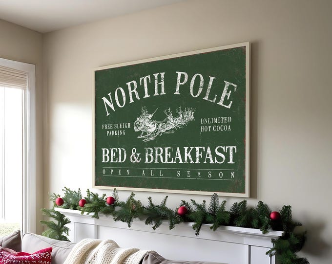 Forest Green Sign, Unlimited Hot Cocoa North Pole Christmas Print, Santa Sleigh Art
