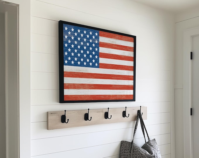 Art For Above Bed, Patriotic Gift Idea, Vintage Flag, Framed USA Wall Print, Retro Home Decor, Gift For Veteran, Distressed American Sign